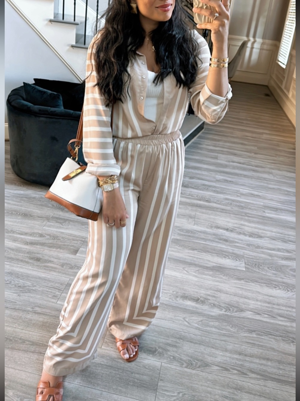 Satin 2 piece SET Casual Beige & White Striped button shirt and pants